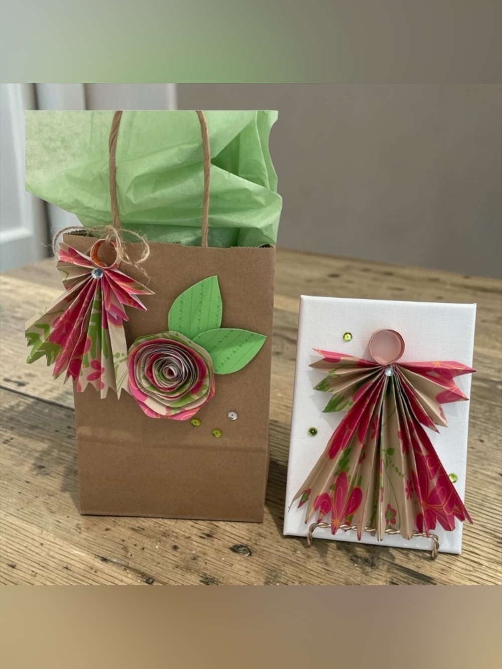 Handmade Floral Angel Canvas Gift Set - Pink & Green
